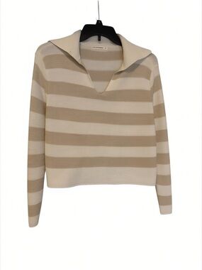 Moon & Madison Striped Johnny Collar Cropped Sweater Cream Beige Small